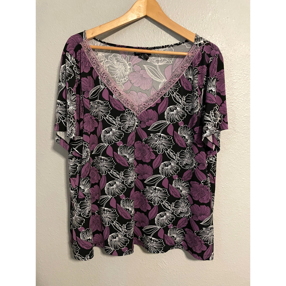 Biyaycda Womens Top Size 1X Purple Floral Beaded Lace Trim Fairy Grunge Y2K